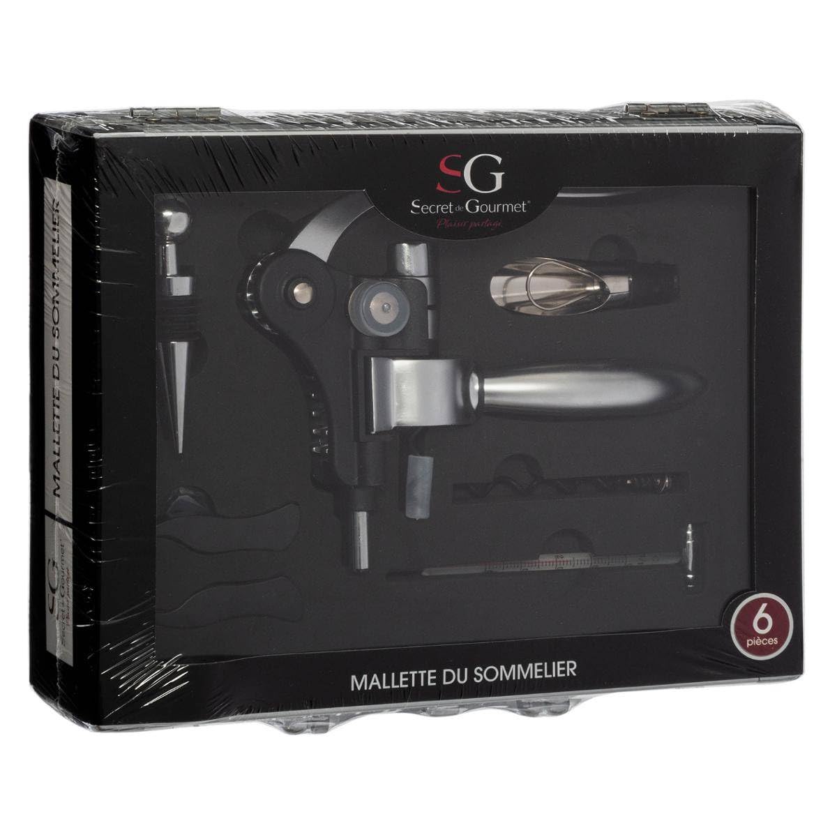 SG Secret de Gourmet Cofanetto da Sommelier Professionale, 6 Pezzi, in Valigia in Alluminio, cavatappi Professionale in Acciaio Inox, termometro per Vino, Tappi, L. 27.50 x l. 21.5 x H. 7 cm