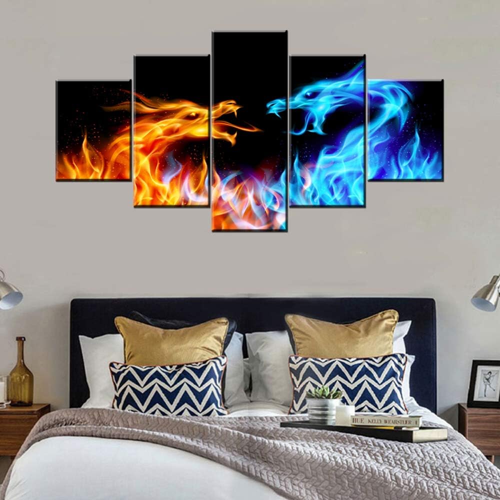 Dragon Canvas Wall Art Abstract Animal Paintings Blue and Red Fire Pictures for Living Room Multi Panel Prints Artwork Wildlife Canvas Modern Home Decor Framed Giclee Ready to Hang Gift(60''Wx32''H) 60''W x 32''H Artwork-05