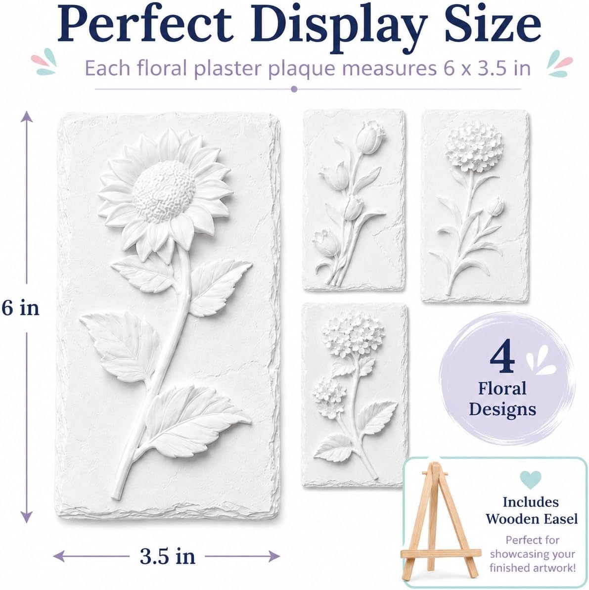 4PCS Plaster Painting Kits- Unpainted Plaster Crafts with 4 Floral Designs, Includes Wooden Easel, Paints & Brushes - DIY Craft Kit for Home Decor, Aromatherapy Diffuser, Creative Gift (4PCS)