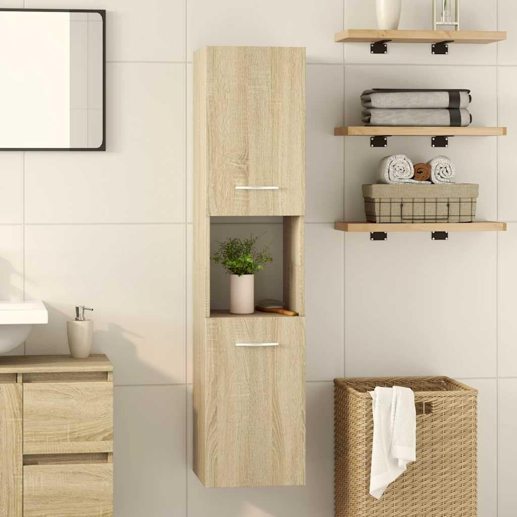 Armoire de salle de bain en chêne Sonoma - 30 x 30 x 130 cm - En bois avec 3 compartiments et 2 portes - Design moderne - Espace de rangement puissant pour petites et grandes salles de