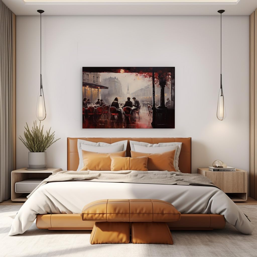 Canvas for Living room. Parisian Cafe Ambiance: A Rainy Day Encounter with the Eiffel Tower, 27 x 18 inch Canvas Wall Art - Ready to Hang