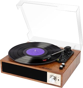 VOKSUN Bluetooth Vinyl Record Player - 3-Speed Belt-Driven, Built-in Speakers, USB Recording, RCA/Aux, Retro Wooden Phonograph 7/10/12" Records, Brown