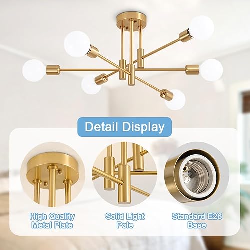 Miniatura 3 de Biewalk Lámpara de araña Sputnik moderna, lámpara de techo de 6 luces de mediados de siglo, lámpara Sputnik para dormitorio, comedor, cocina,
