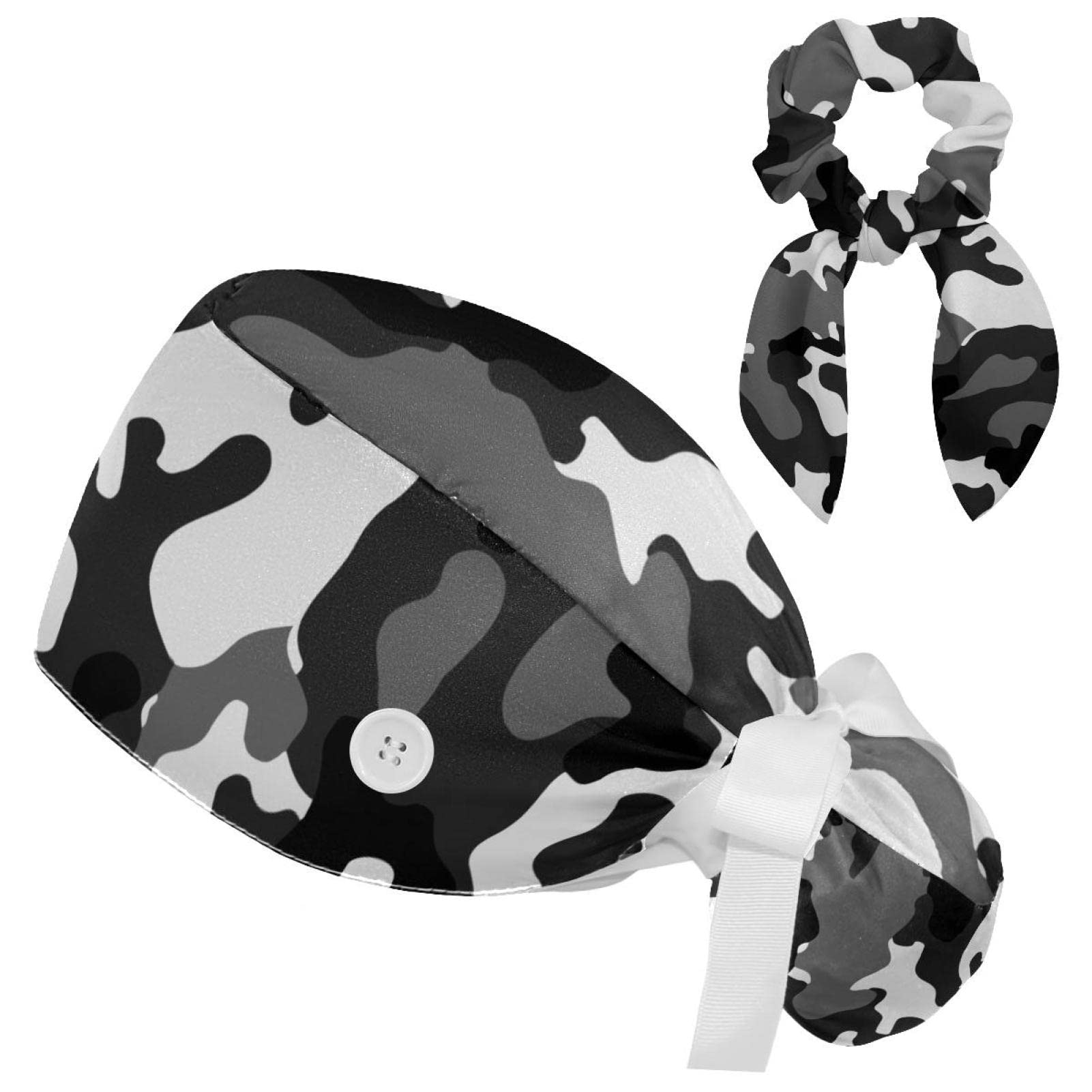 Anna Cowper Black and Grey Camouflage Working Cap with Buttons Ribbon Tie Back Bouffant Hats with Bow Hair Scrunchies