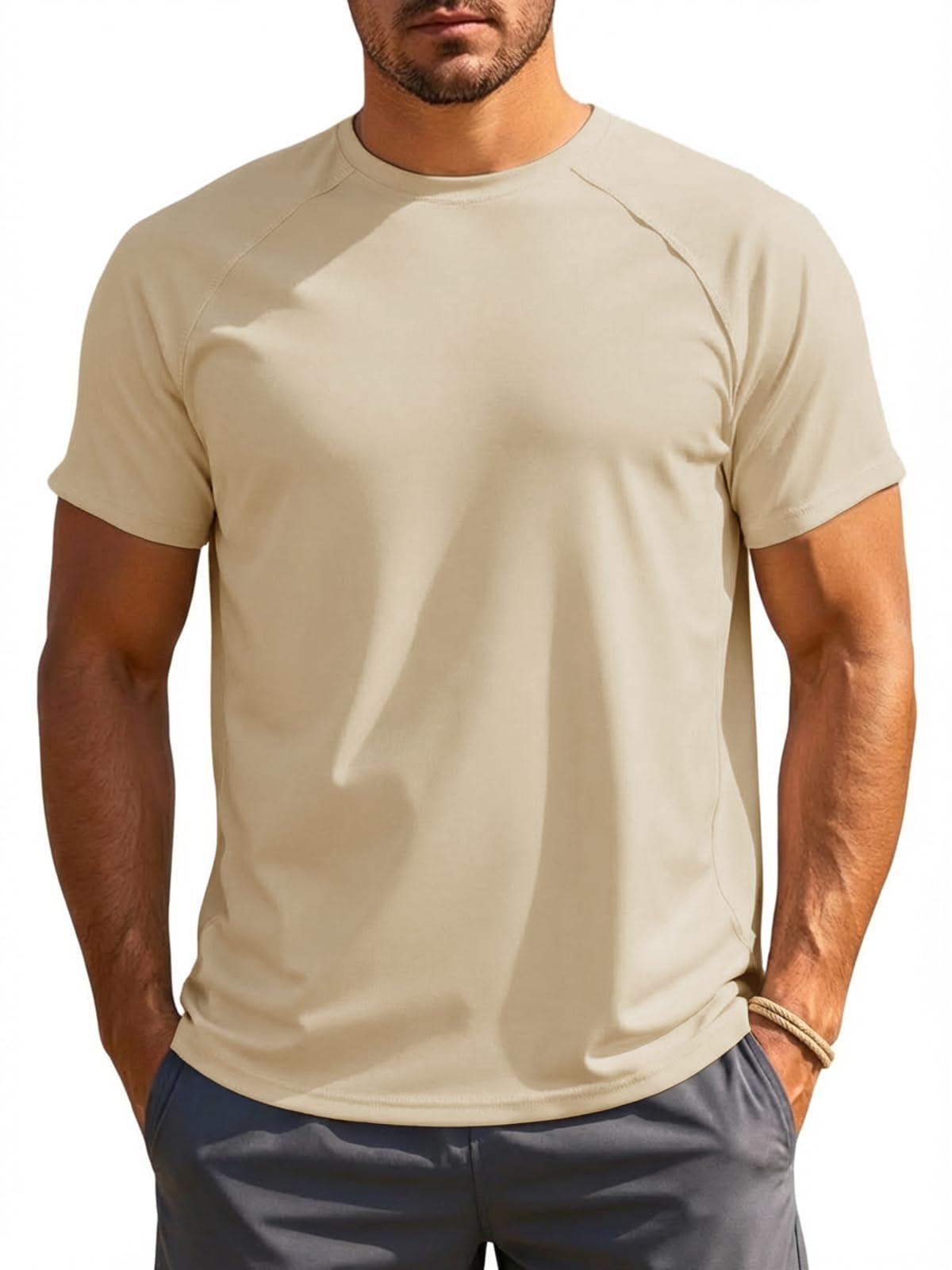 Runcati Herren T-Shirt Kurzarm Rundhals Funktionsshirt Männer Sommer Schnelltrocknend Sportshirt Slim Fit Casual Oberteile Einfarbig Basic Shirts Aprikose XL