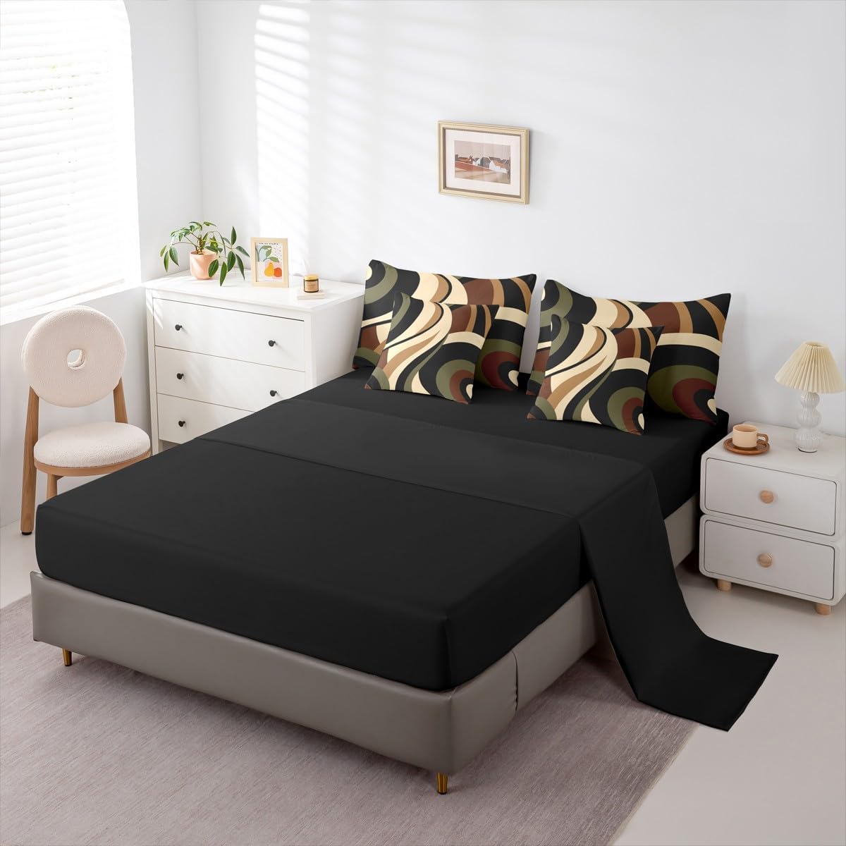 Green Brown Spiral Queen Comforter Set Modern Swirls Stripes Abstract Bed in a Bag for Minimalists Boho Aesthetic Geometric 7-Piece Bedding Set Graffiti Art Lines Quilt Duvet Sets