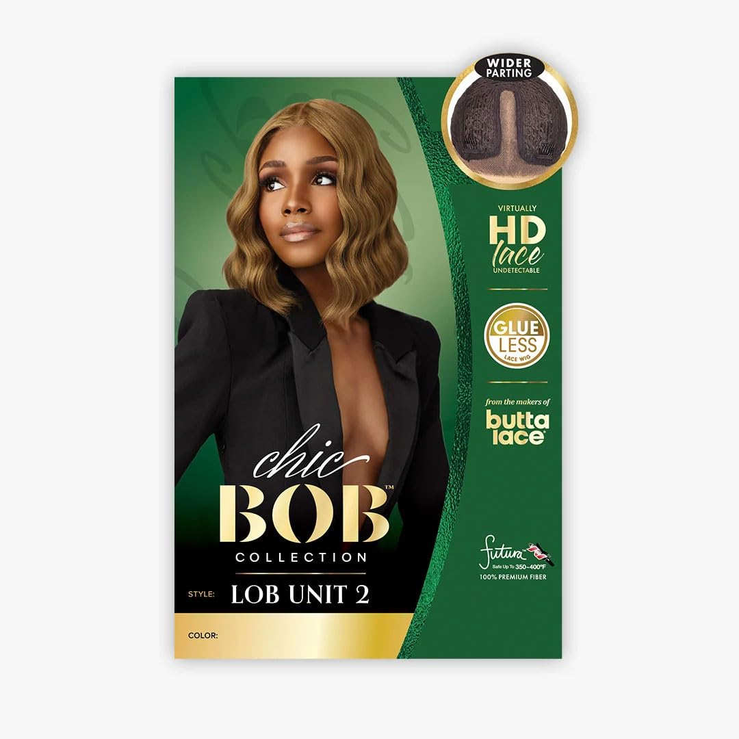 Sensationnel Chicbob Lace Frontwig - Lob Unit 2 Face Framing Glueless Wig Wide 5 Inch Deep Part Synthetic Preplucked Hairline (1B OFFBLACK)