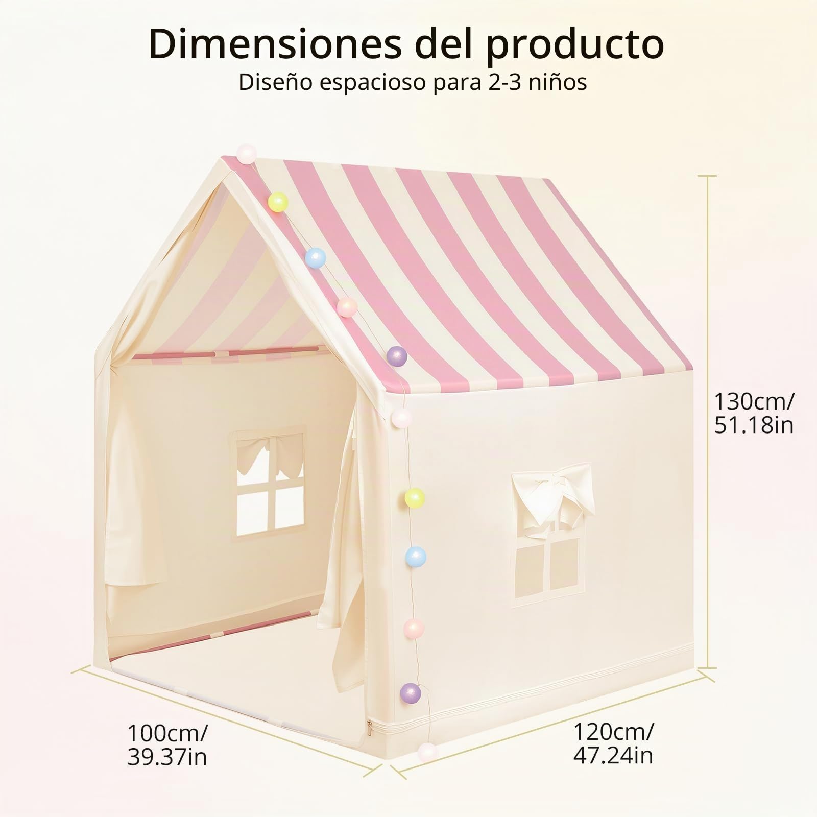 Anbte Tienda de Campaña Infantil,Rayas Rosas,para Niños a Partir de 3 años | Espaciosa y Portátil, Casita de Juegos para Niñas y Niños, con Luces, Varillas Metálicas y Bolsa de Transporte