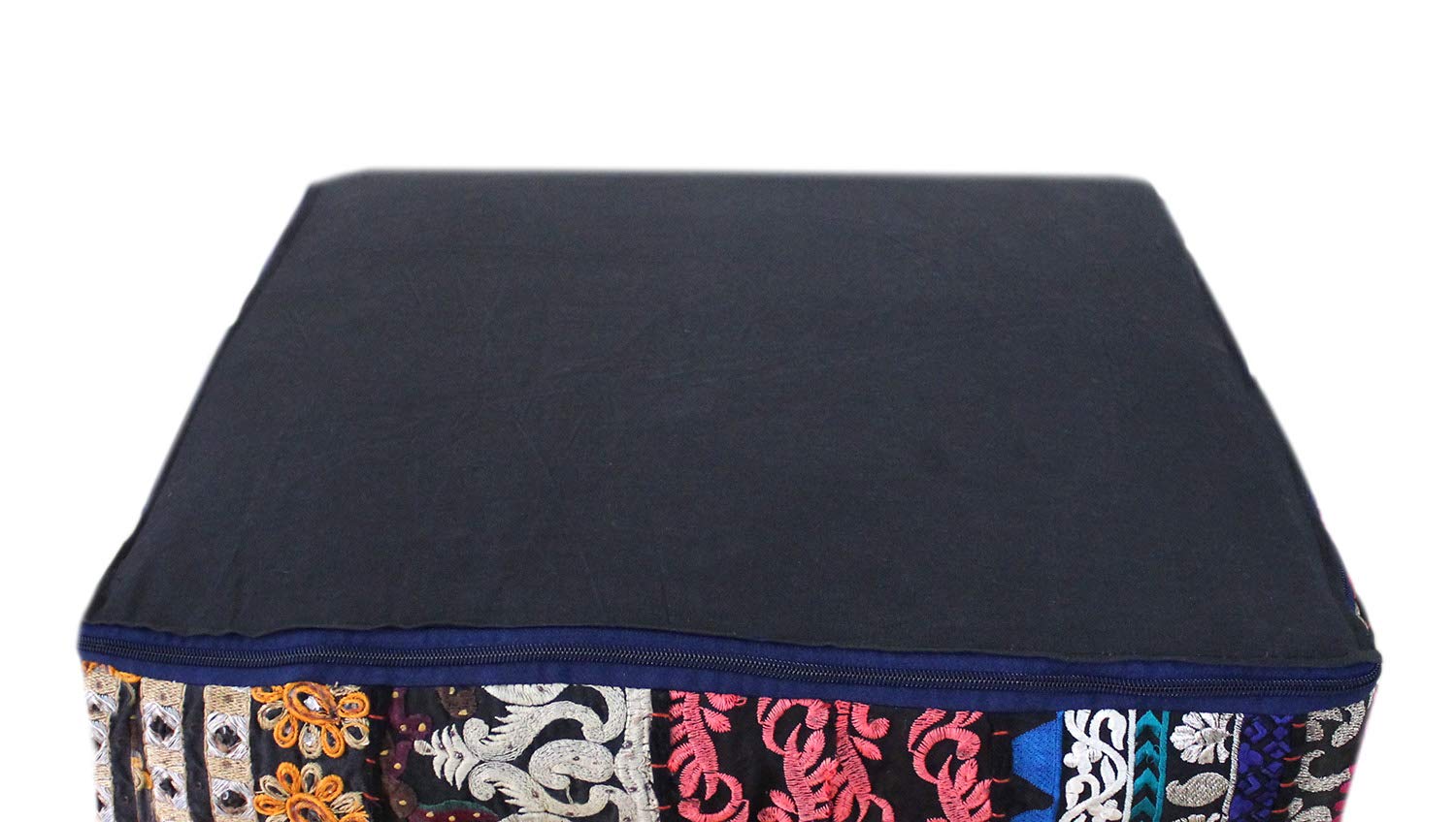 CRAFT KALA Indian Square Patchwork Traditional Pouf Cover Indian Living Room Poufs Decorative Embroidered Designer Ottoman Home Living Footstool Chair Cover Decor Pillow Cover 22x22x5 inches, Black