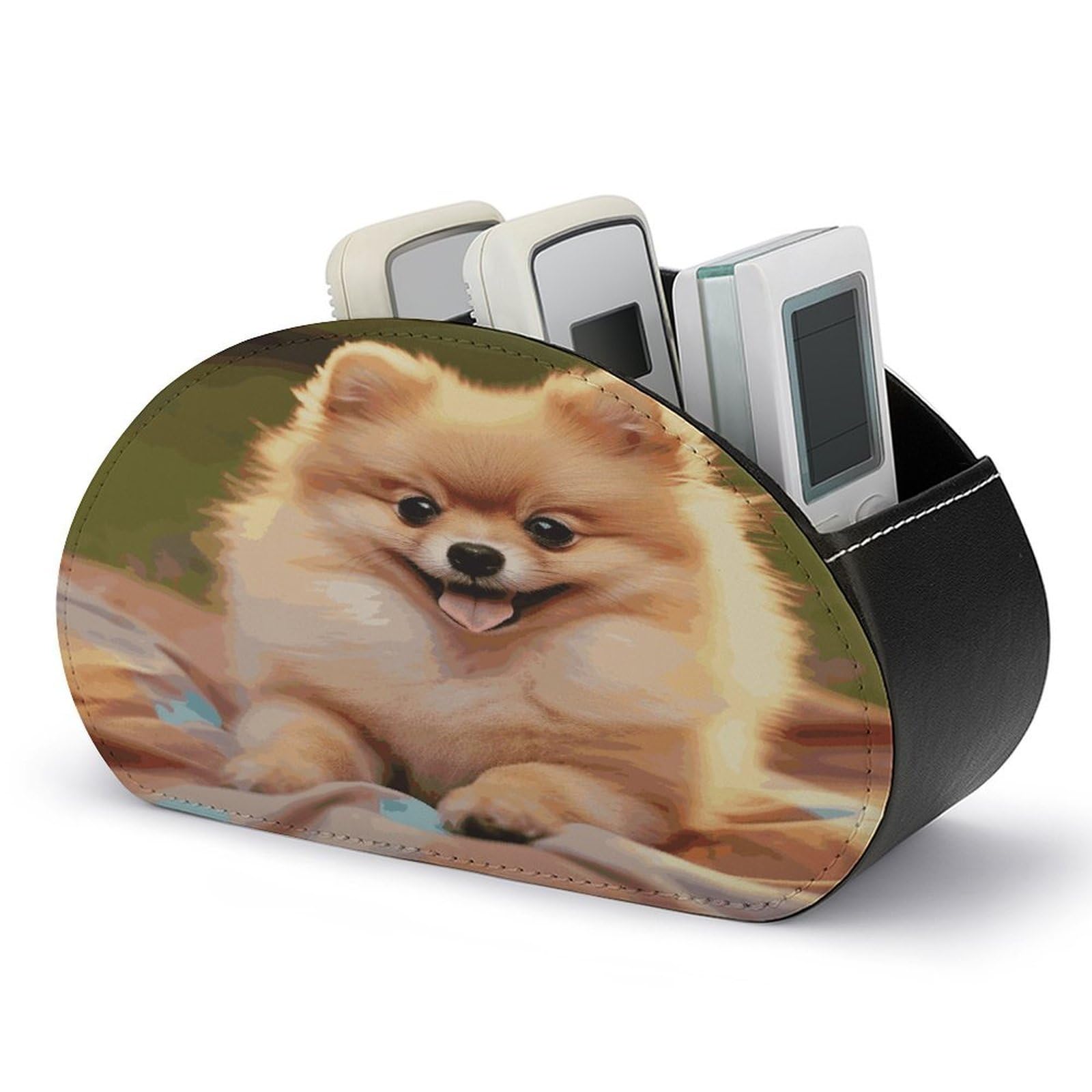 LDGSUPH Short-haired Pomeranian Remote Control Holder with 5 Compartments PU Leather TV Remote Caddy Storage Box Multi-functional Desk Storage Organizer Box Anti-slip Desktop Caddy