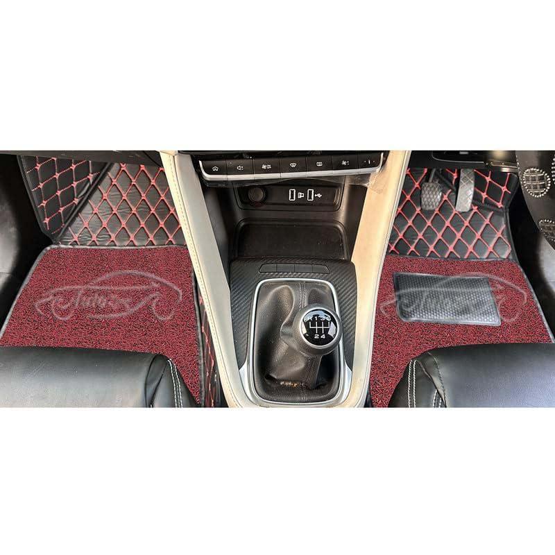 Image of Luxury 7D Car Floor Mat for Tata Punch Facelift 2026 Petrol /Diesel /CNG, 7-Layer Premium Leather Mats with Curly Foot Mat, Heel Pad, Waterproof & Anti-Skid, Black Red with Black Curly
