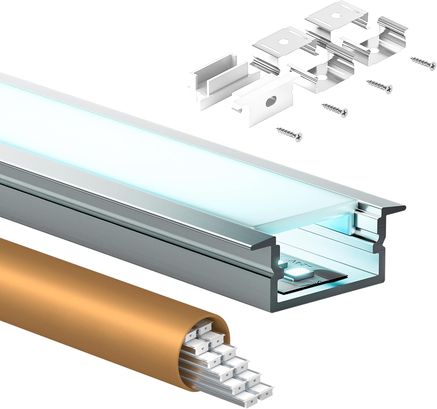 Profilo LED da incasso in alluminio, profilo a U con diffusore lattiginoso, kit di installazione in alluminio per strisce LED da 15 mm, incluse coperture di protezione e clip metalliche.