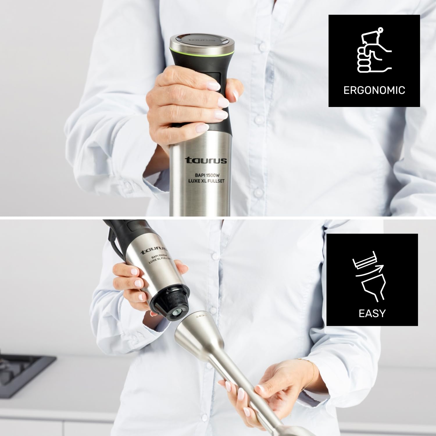 Taurus – Batidora de Mano Bapi 1500 Luxe XL,1500W, 20 Velocidades + Turbo, Cuchillas Acero Doble Efecto, Antisalpicaduras, Soft Touch, Vaso Medidor 900ml, Picador 350ml, Doble Emulsionador, Pasapurés