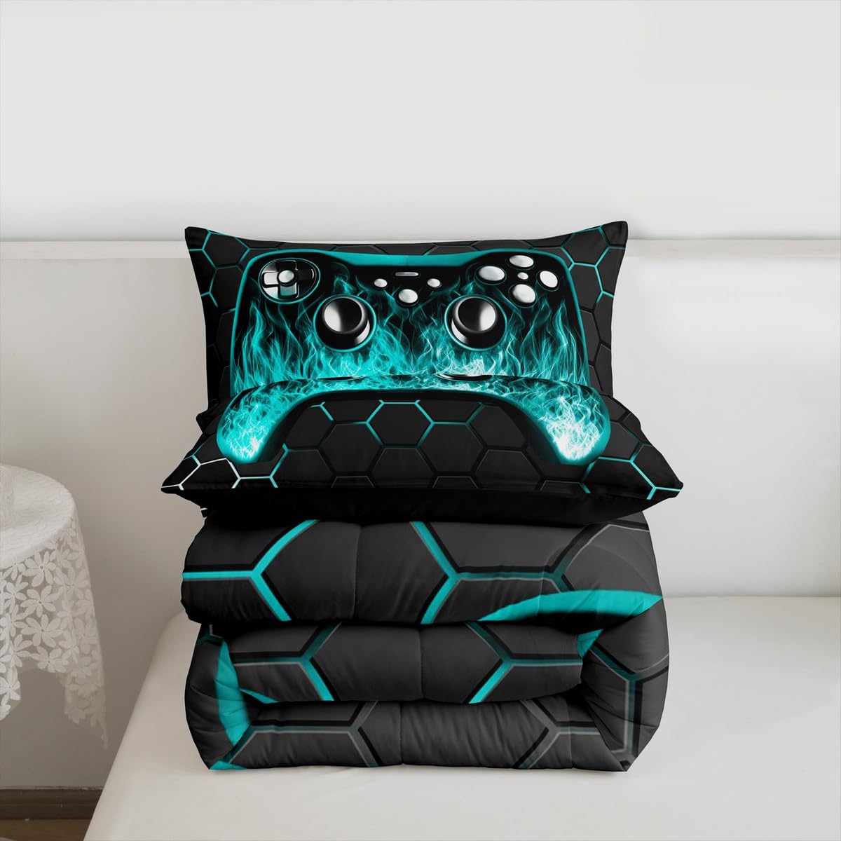 Erosebridal Juego de ropa de cama para niños, tamaño individual, juego de edredón de videojuegos para niños, decoración de habitación, ropa de cama de juegos, edredón geométrico azul y negro con