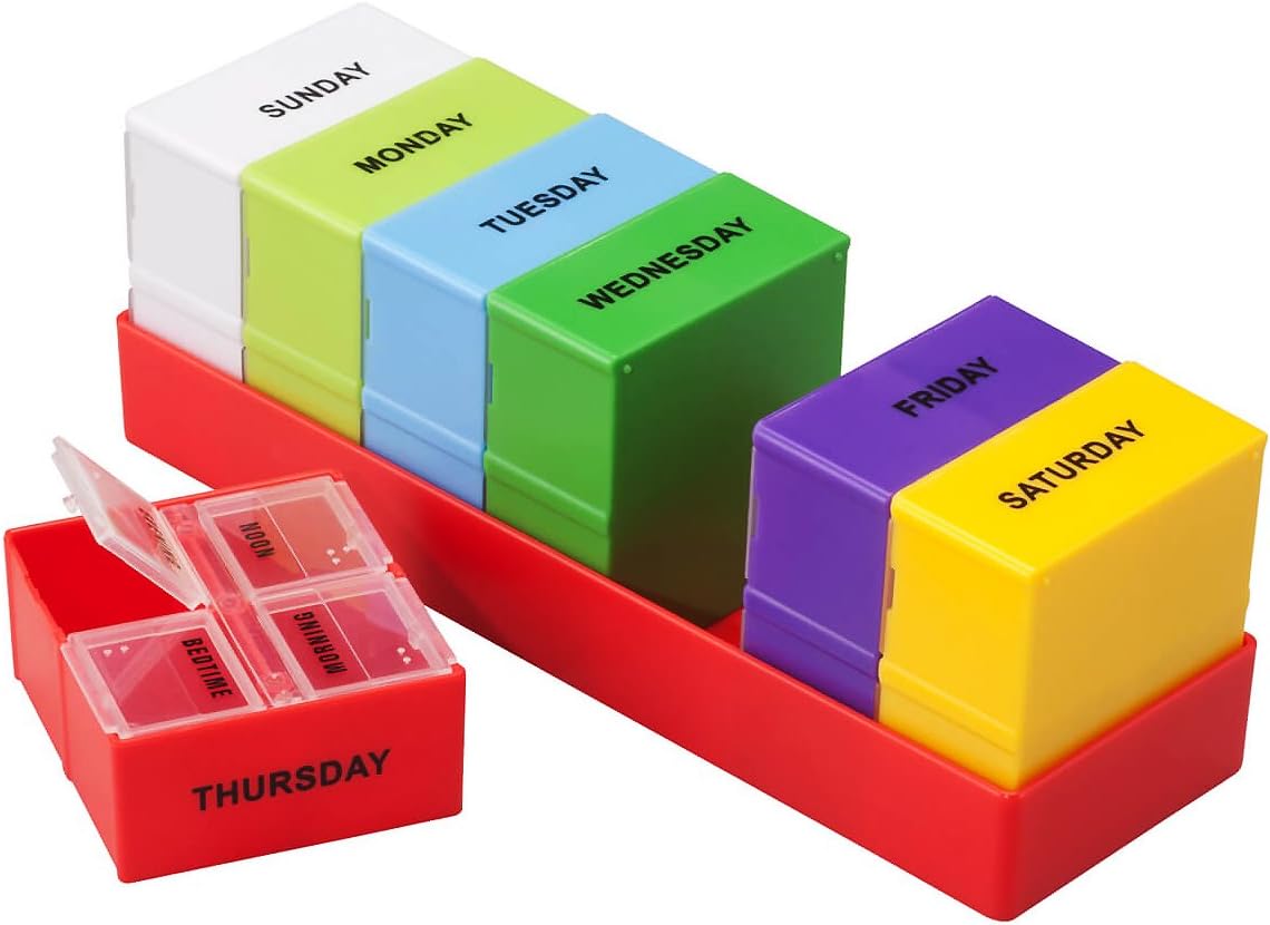Fine Life 7-Day Color Coded 4 Dosage Deep Compartment Pill Organizer, Red Tray