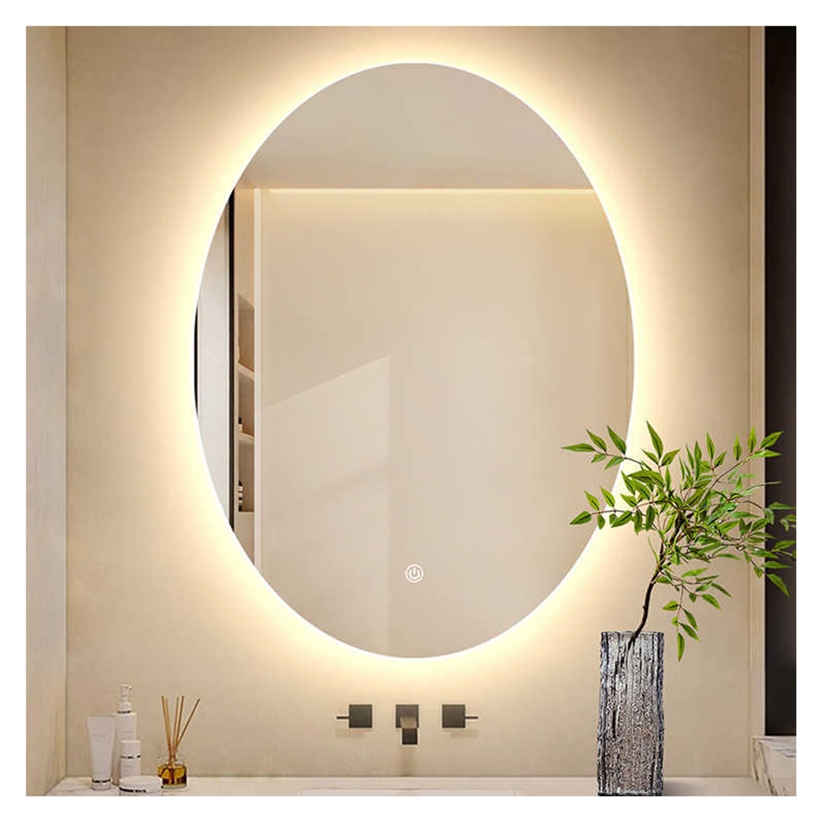 SXFSDOU Luminous Frameless Oval Bathroom Mirror, 3-Color Dimmable Wall-Mounted Decorative Mirror for Home & Hotel, Irregular Design (75x100cm)