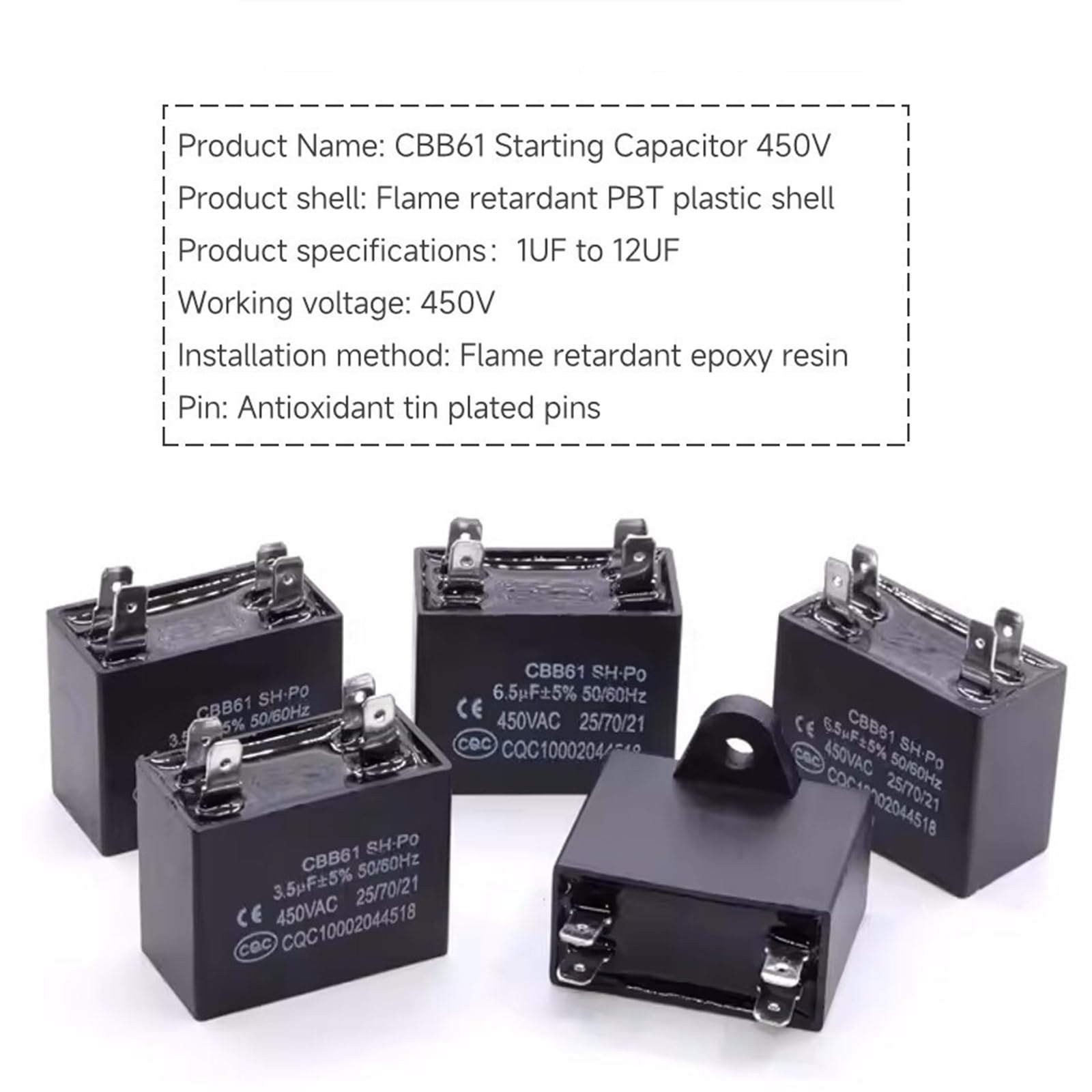 4 piezas CBB61 10uf condensador de arranque de ventilador 450V condensador de ventilador de techo 50/60Hz 50 * 25 * 35mm 4 pines estañados antioxidantes 4P