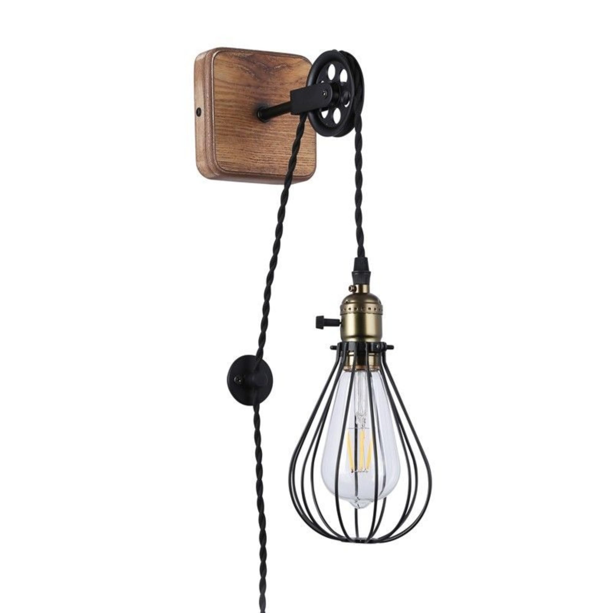 B·LED BARCELONA LED BarcelonaLED Applique Murale Vintage Bois avec Prise de Câble et Interrupteur Poulie Industrielle Suspendue Support de Lampe Cage E27 Socket
