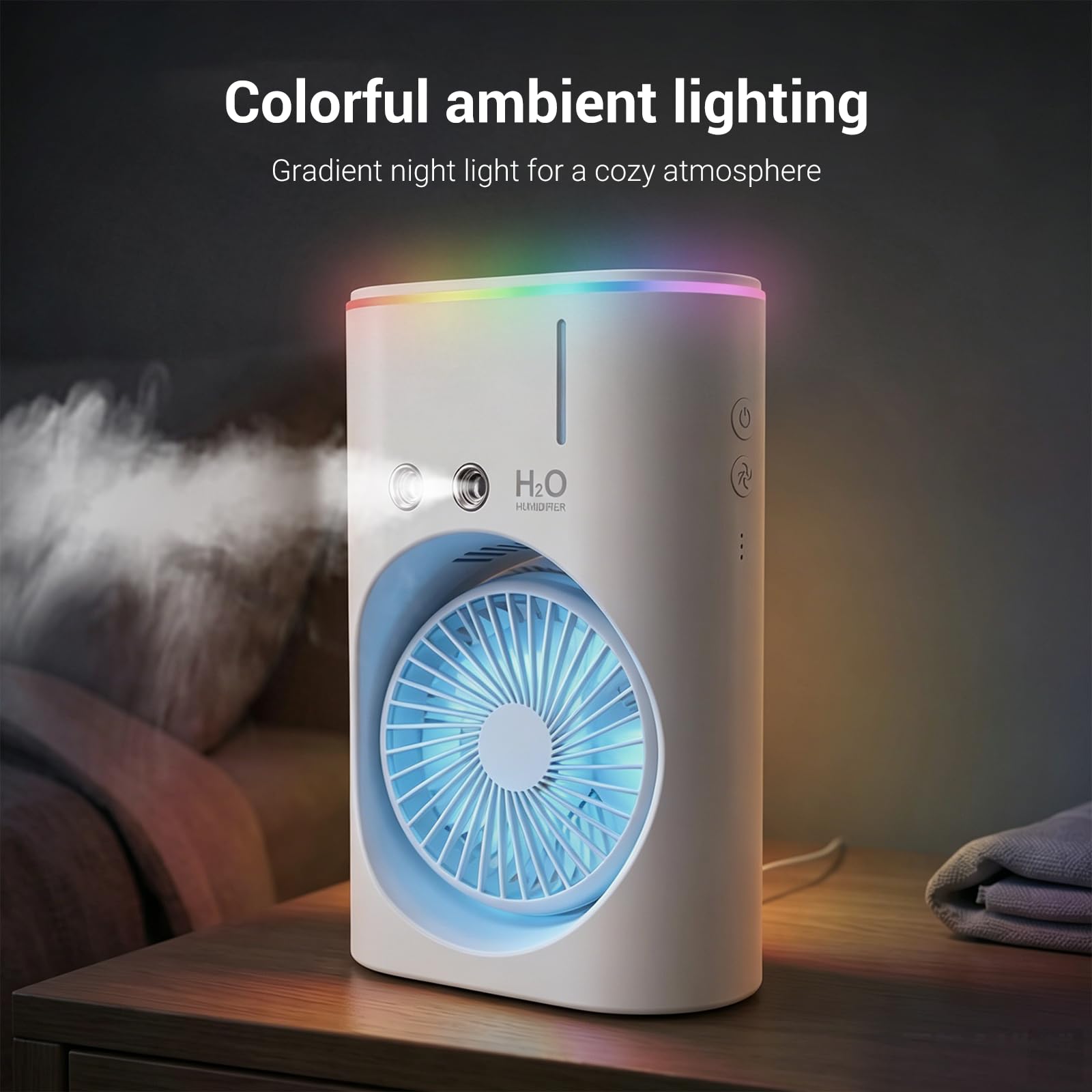 EXTRASTAR Ventilador de niebla portátil, ventilador de carga USB con tanque de agua, iluminación RGB, tanque de 280 ml, ideal para oficina, viajes y actividades de plei