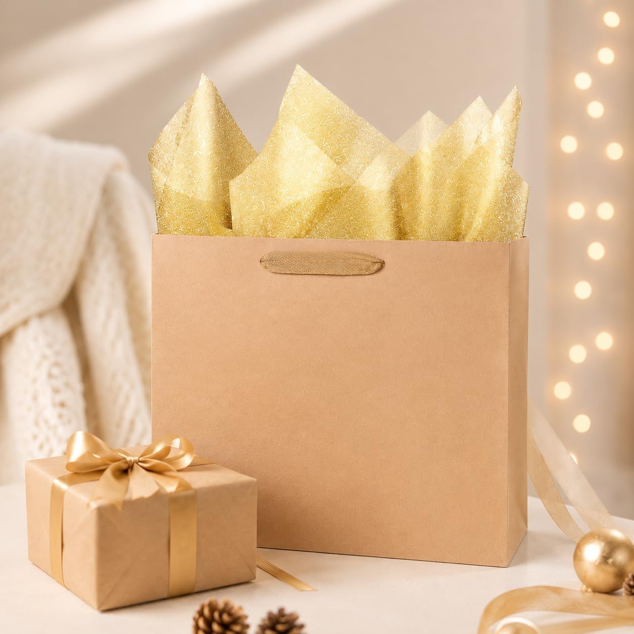SHIPKEY 12 dużych brązowych torebek prezentowych, torebki typu kraft ze złotym papierem, 32 x 11,5 x 28 cm, papierowe torebki z uchwytami, 12 szt