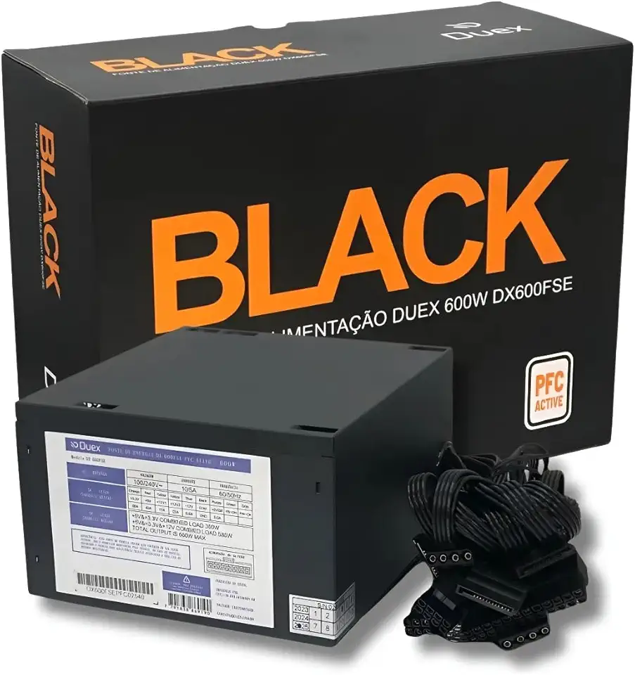 Fonte de Alimentação Duex DX 600W, PFC Ativo, C/Cabo - DX600FSE PFC