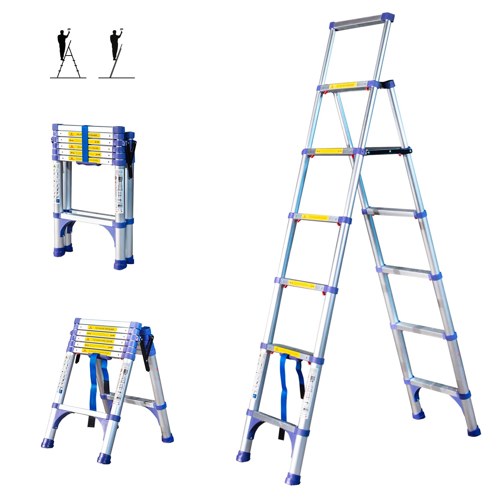 Escalera telescópica de 7 escalones EXTENDACT6, Escalera telescópica 2m+1.7m, Escalera Plegable telescópica, Altura máxima de Trabajo 3,5m, Garantía de 5 años, Hostrom