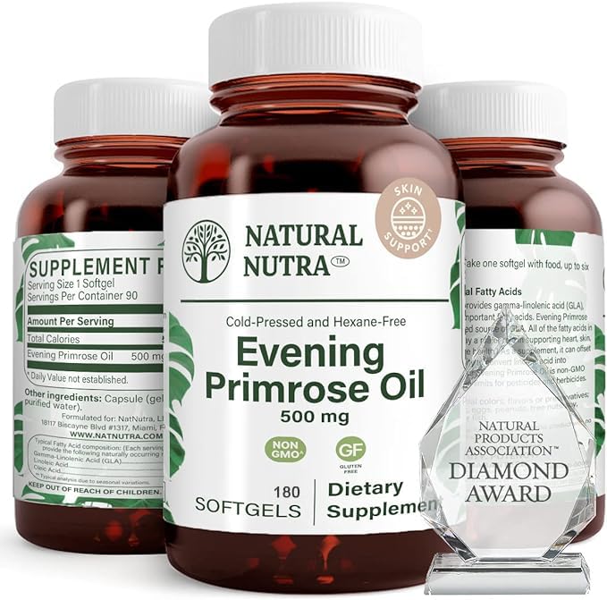 Natural Nutra Evening Primrose Oil Supplement, 500 mg, 180 Softgels 180 Count (Pack of 1)