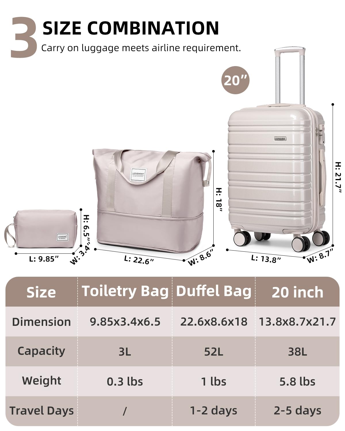 LARVENDER Carry on Luggage 22x14x9 Airline Approved, 20 Inch Hardside Suitcase with Wheels TSA Lock, PC+ABS Lightweight Travel Luggage Sets for Women, Glossy Champagne, 3 Piece Set
