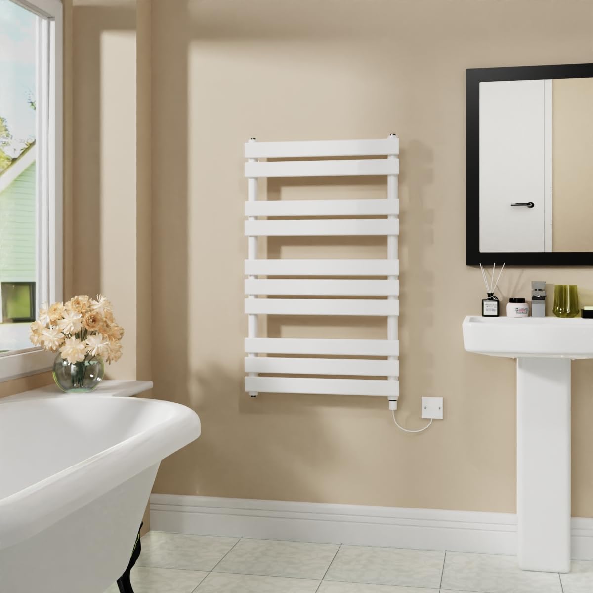 Warmehaus White Electric Flat Panel Heated Towel Rail Bathroom Ladder Radiator Warmer 1000X600mm 600W