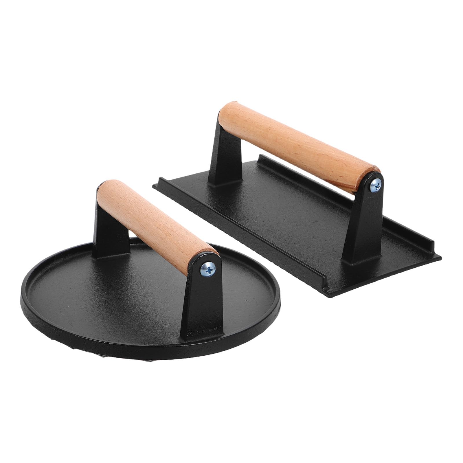 DOITOOL Prensa de Hamburguesas Redonda y Rectangular con Mango de Madera de Hierro Fundido 2 Piezas Resistente y Antiadherente, Adecuado para Cocina y Barbacoa