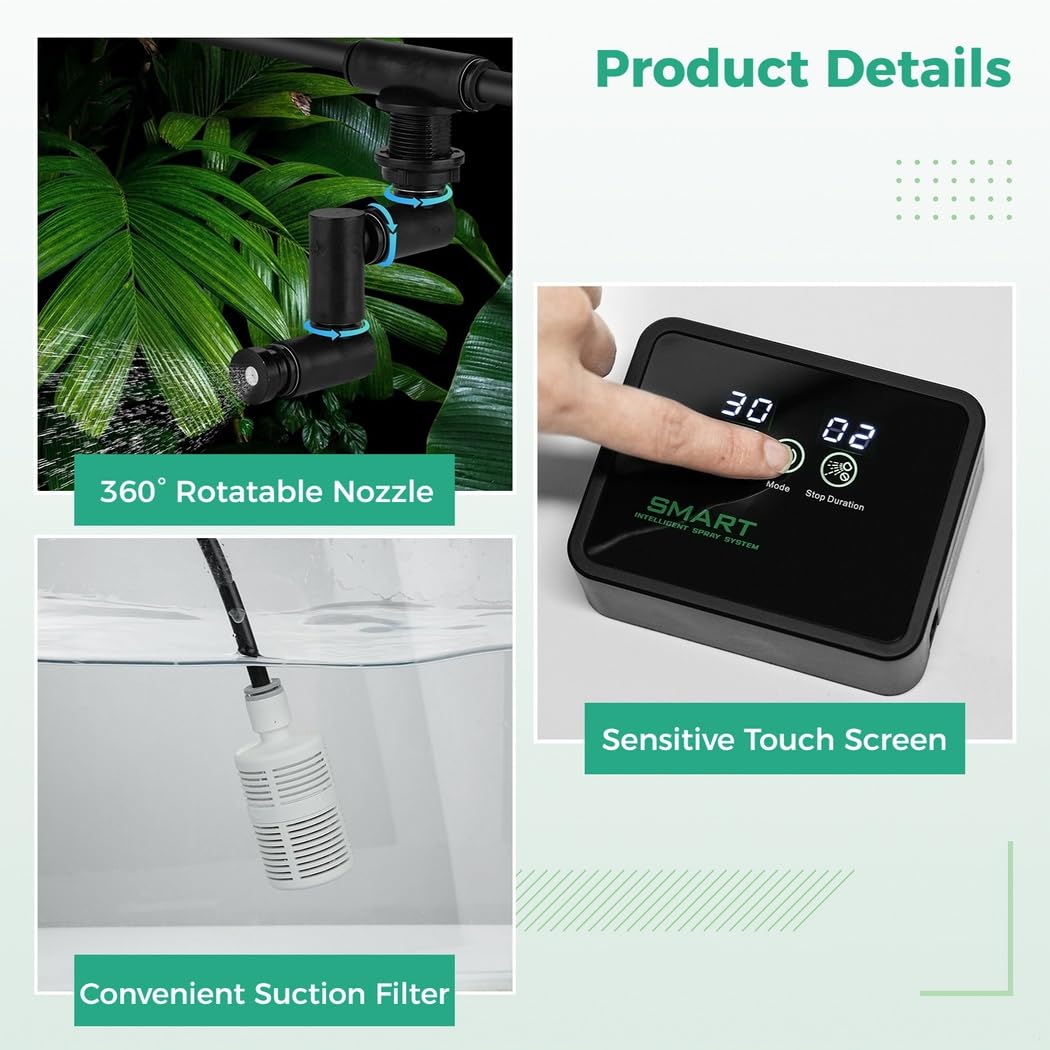 Pulverizador automático para reptiles con pantalla LED y boquillas ajustables, humidificador controlado por temporizador para anfibios y terrarios