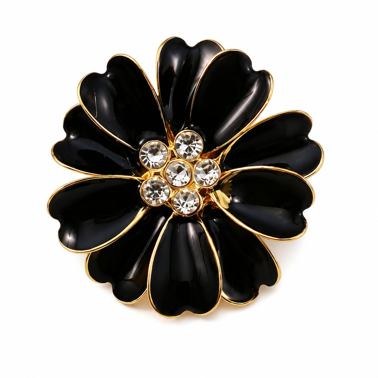 Enamel Flower Brooch Pin button cover with Rhinestone Centre, Gold-Tone, Black-picture-31