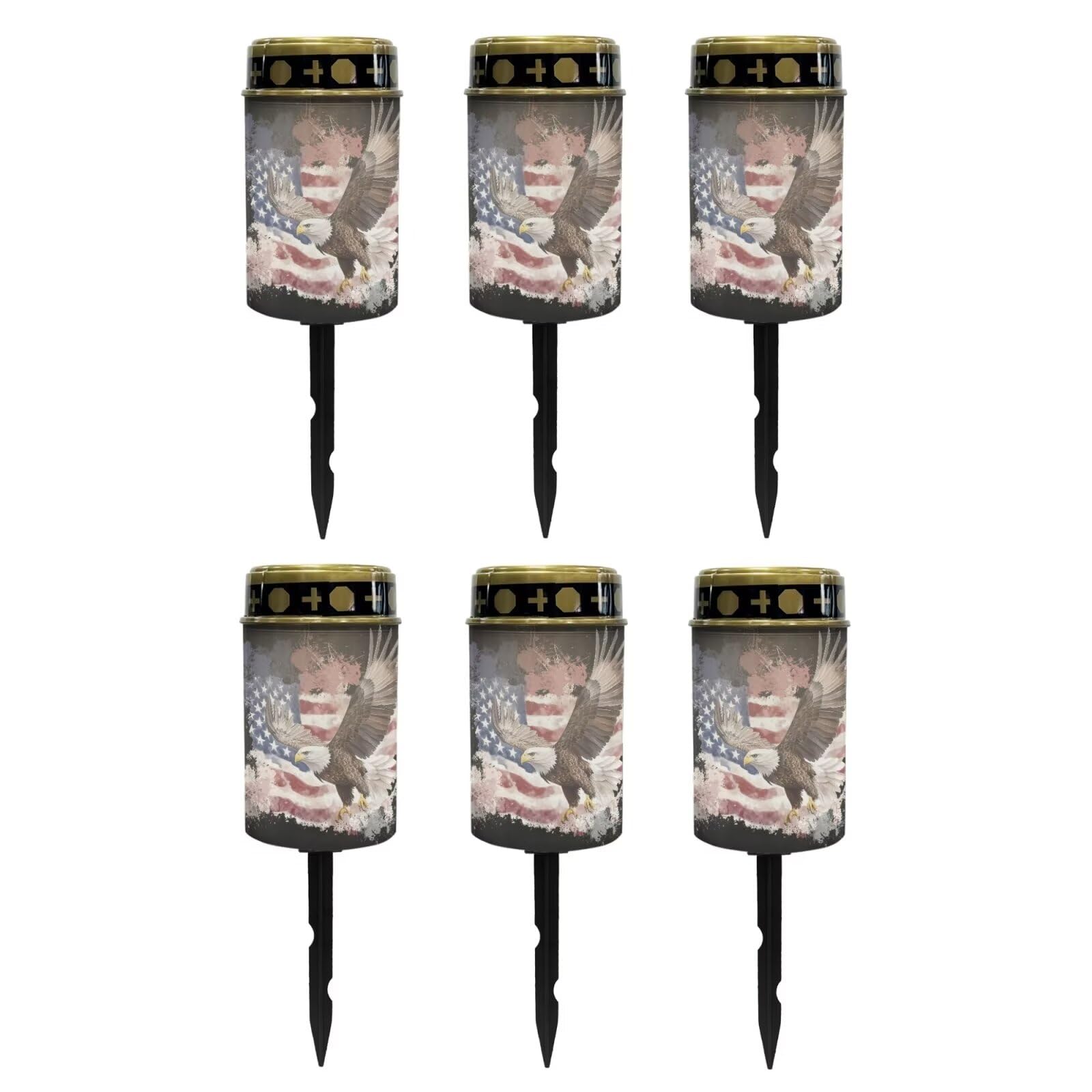Poceacles 6 Pack Solar Lights Solar Cemetery Lights Solar Grave Lights Outdoor Waterproof Decoration Pathway Lights Garden Solar Candle for Memorial Day Decor, Eagle American Flag Splatter