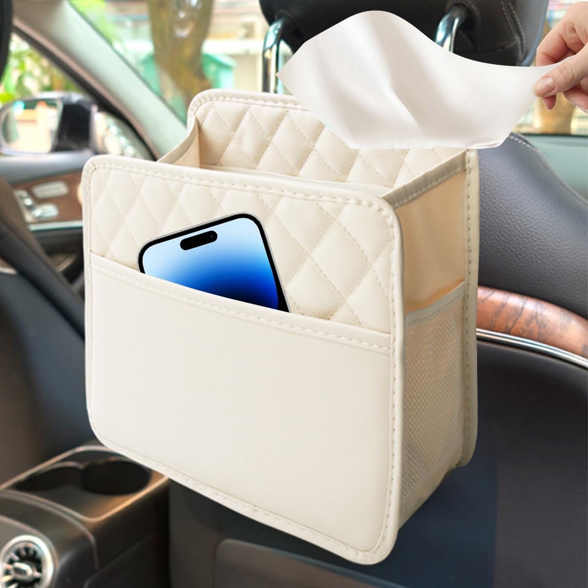 Mandark PU Leather Car Seat Back Organizer, Beige image 3