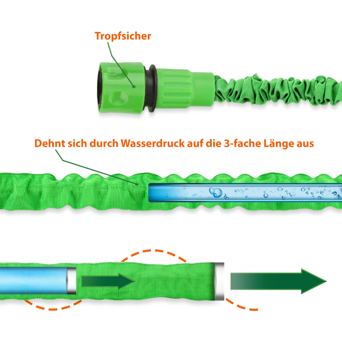 UC-Express Gartenschlauch Flexibel 60m - 200ft, Grün, Polyester, Dehnbar, Bewässerung, Multifunktionsbrause, Adapter, Platzsparend, Haus, Garten, Auto, Wohnmobile
