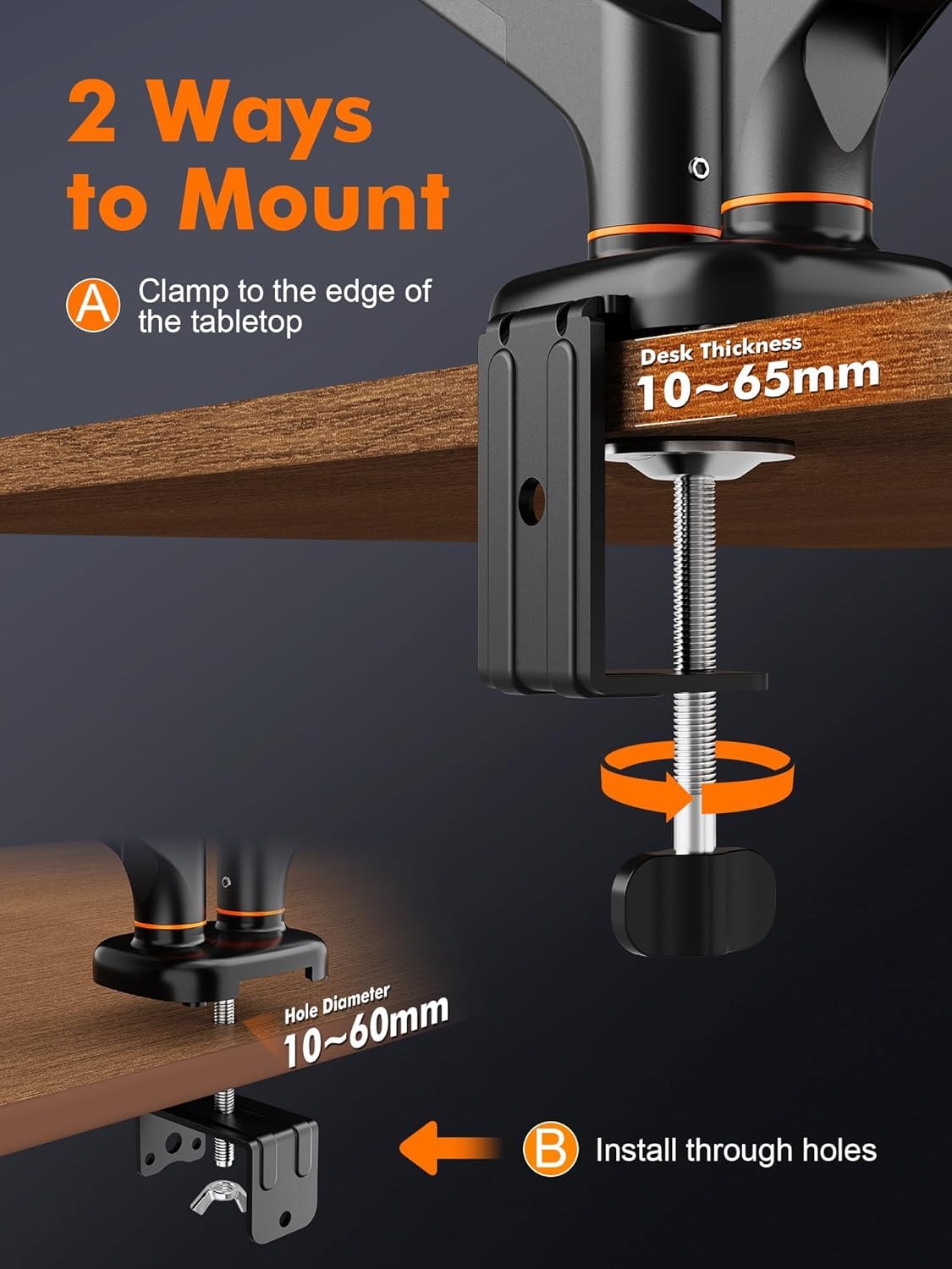 Ibergrif Soporte de Monitor Doble para Pantallas de 13"-27", Brazo de Gas Ajustable, Soporta 2 Monitores, Inclinación, Giro y Rotación con Base de Montaje C-Clamp y Grommet, VESA 75/100mm (MA001-2)