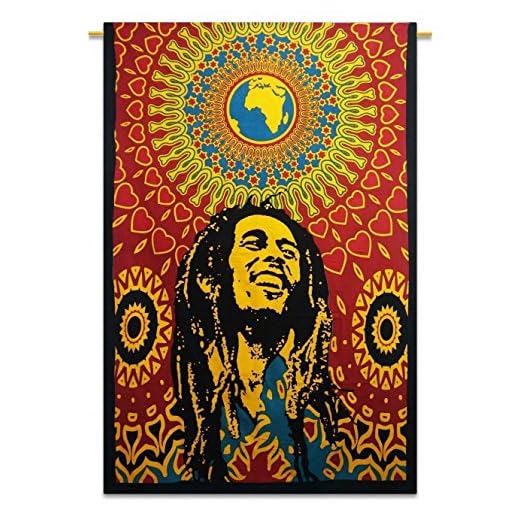Third Eye Export Bob Marley Wall Hanging Tapestry Trippy Weed Poster Bedroom Decor Stoner Tapestries Room Decor Rasta Stoners Aesthetic Tapastry Lion Face Hippie Sublime Decorations Posters For Jamaican Party 30X40 Inches (Yellow One World)