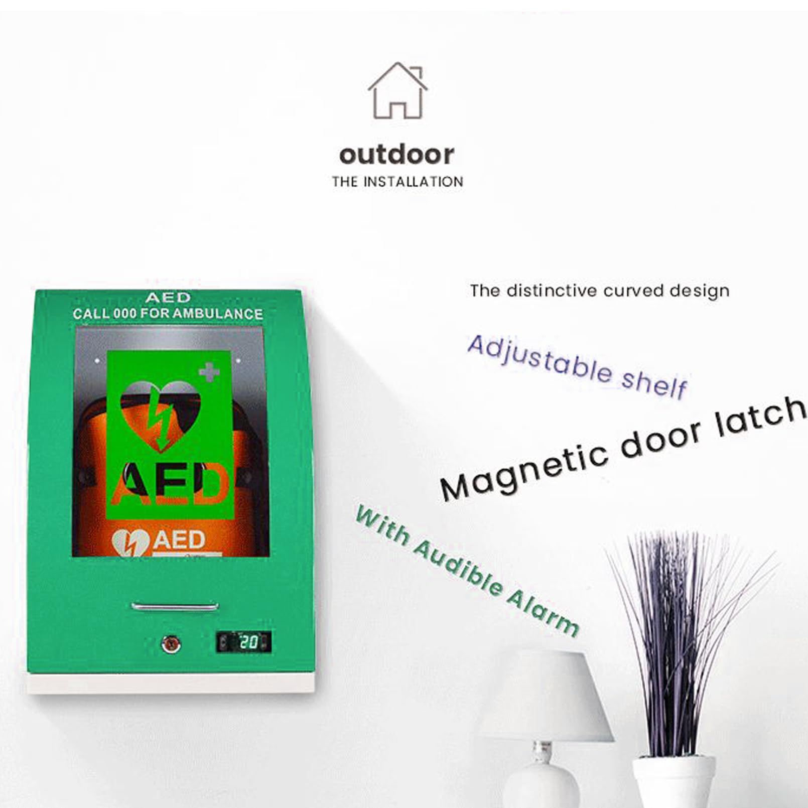 AED-Defibrillator-Aufbewahrungsschrank, gebogener AED-Schrank für den Innenbereich, Cardiac Defibrillator, Aufbewahrung aus Metall und PC-Glas mit Alarm für Zuhause, Schulen, Vereine und Gruppen