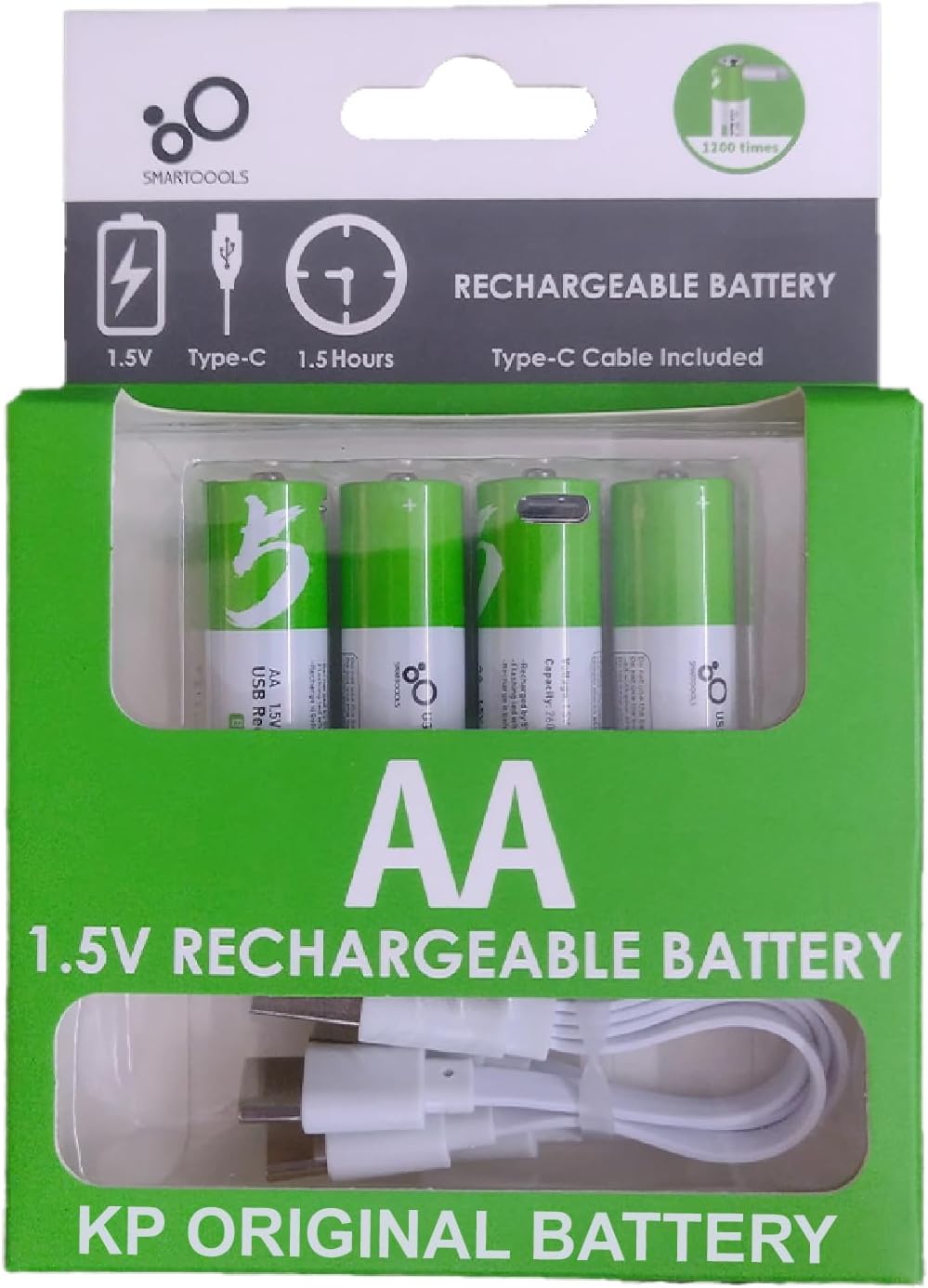 KP Original Battery USB Rechargeable AA Batteries,1.5V 2600mWh,USB Type-C Charging Cable,High Capacity,1200 Cycles,Over-Charge Protection,All-Purpose Battery with 4-in-1 Charging Cable(Pack of 4)