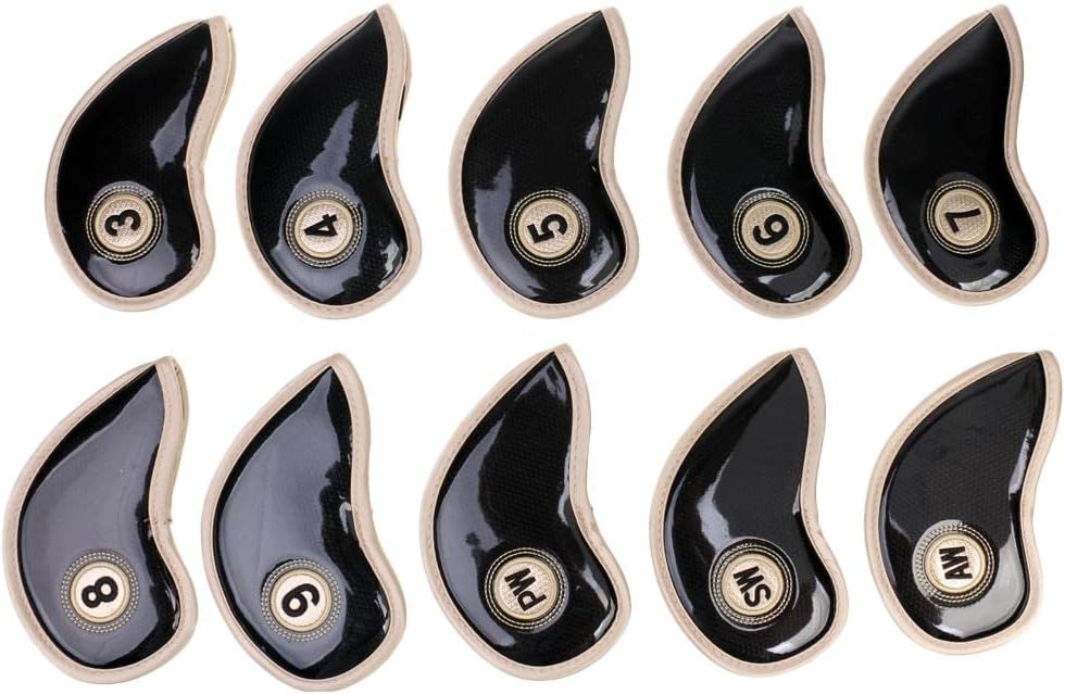 10 Piece PU Leather Golf Club Iron Head Cover - Scratch ion, Identification Numbers - Fits All Brands and Sizes - Travel Covers for Iron Golf Clubs - Black