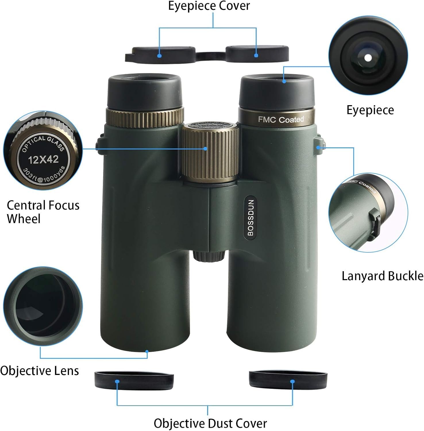 Binocolo 12 x 42 per adulti, con prisma BAK-4 e lenti FMC, binocolo da caccia impermeabile per birdwatching, viaggi, escursioni, concerti (12 x 42 nero)
