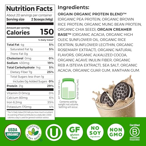 Image of Orgain Organic Vegan 21g Protein Powder, Cookies & Cream, 2.03 lb | Plant based protein, 7g prebiotic fiber, low net carb, no added sugar or lactose ingredients, non-GMO, for shakes & smoothies