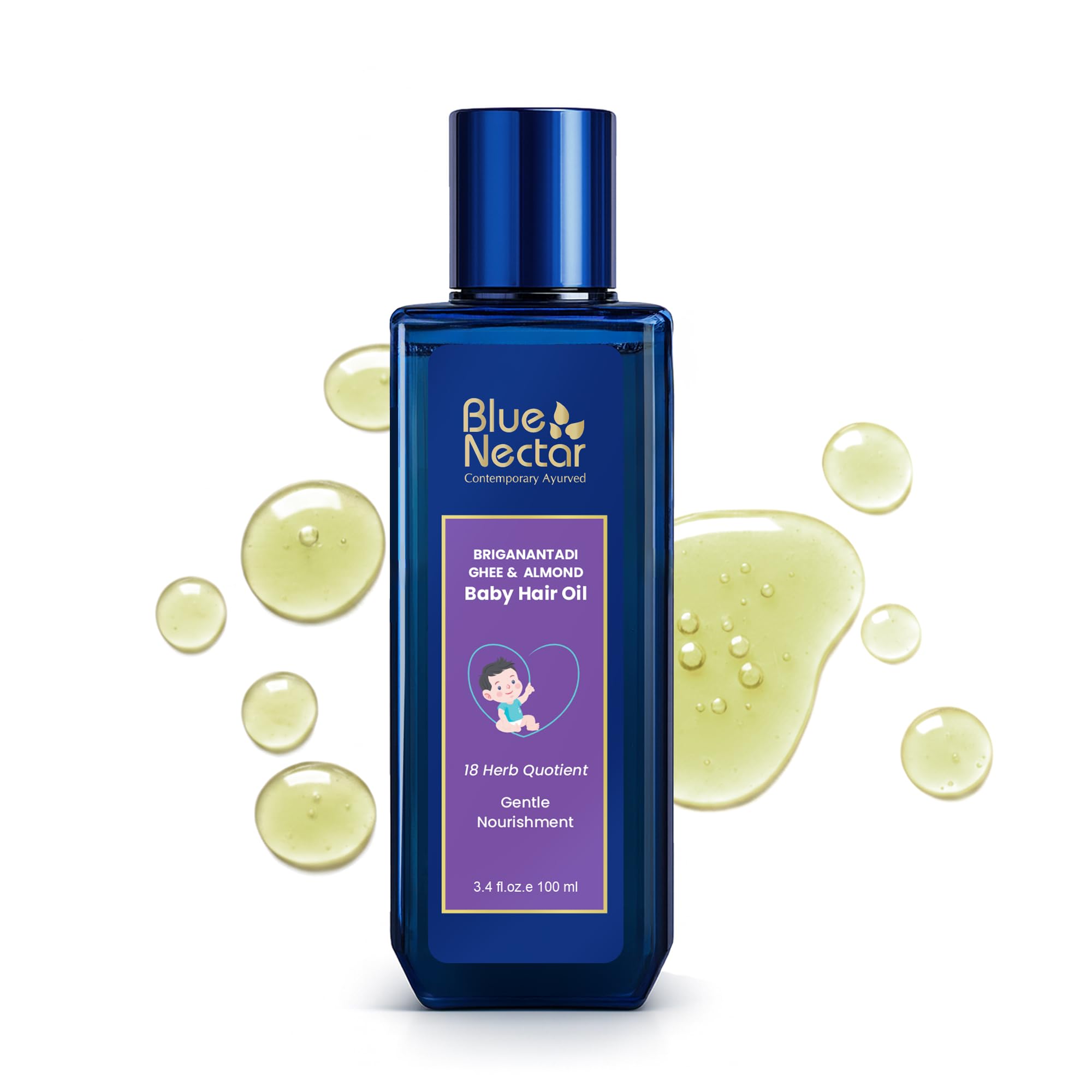 Blue Nectar Ayurvedic Baby Hair Oil with Organic Ghee, Almond Oil, Coconut Oil & Olive Oil for Hair and Scalp (18 Herbs, 100 ml)-image-38