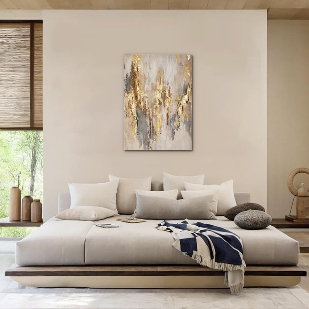 Grande peinture sur toile 70 x 50 cm - Structures dorées - Art abstrait exquis sur fond neutre - Décoration murale pour la maison, l'hôtel, le bureau