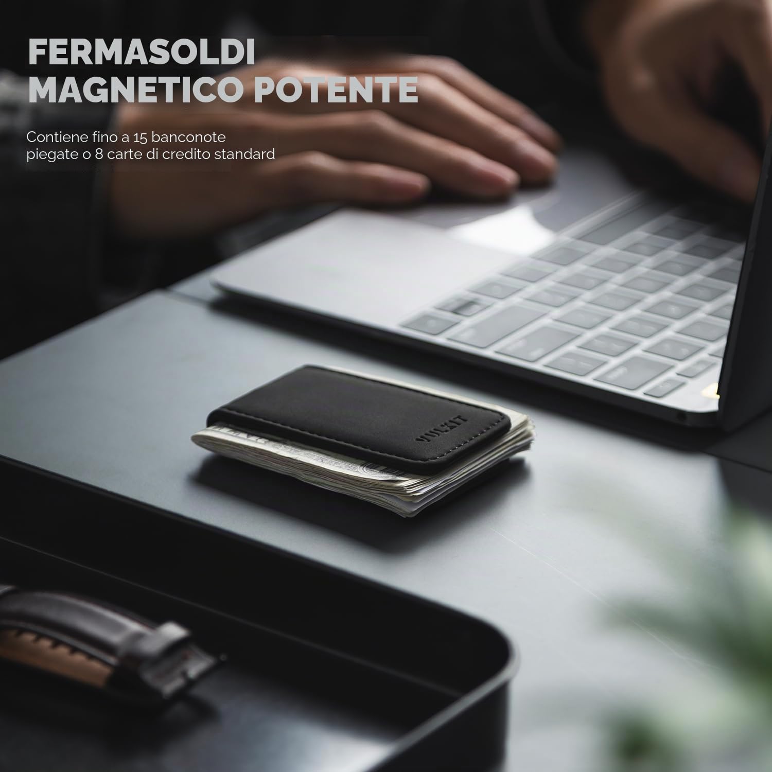 VULKIT Fermasoldi Magnetico Sottile Porta Biglietti da Visita in Pelle Porta Banconote Forte Magnete può Contenere 15 Banconote Piegate