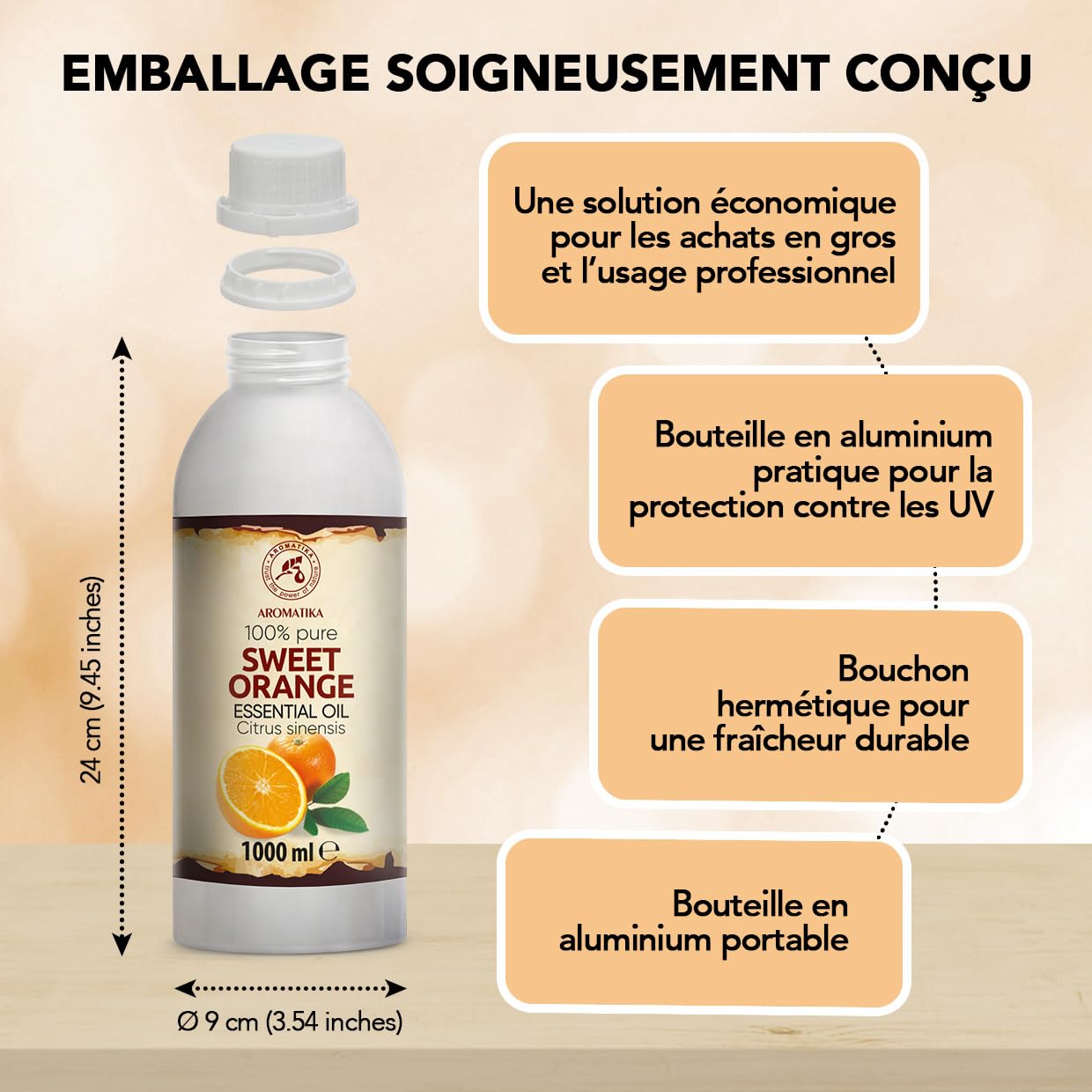 Huile Essentielle D'orange Douce 1000 ml - Citrus Sinensis - Huile d’orange pour Diffuseur et Lampe Aroma - le Savon et les Bougies - Sauna - Parfums d'Intérieur - Arôme d'agrumes - Aromathérapie