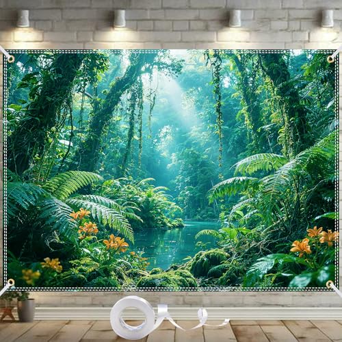 Forest Backdrop 7x5FT Jungle Backdrop Rainforest Safari Nature Scene with 10m Ribbon & 4 Brass Grommets Double Stitched Enchanted Forest Backdrop for Party Jungle Theme Decorations Photo Booth