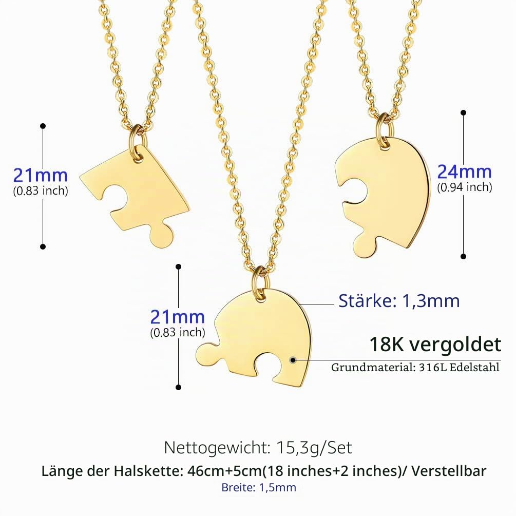 PROSTEEL personalisiert Collier 2/3/4/5/6 Stücke Herz Puzzle Anhänger mit 51cm 1,5mm Rolokette Edelstahl/18k vergoldet Namensketten Gravur Freundschaftsketten für Freundinnen Schwester