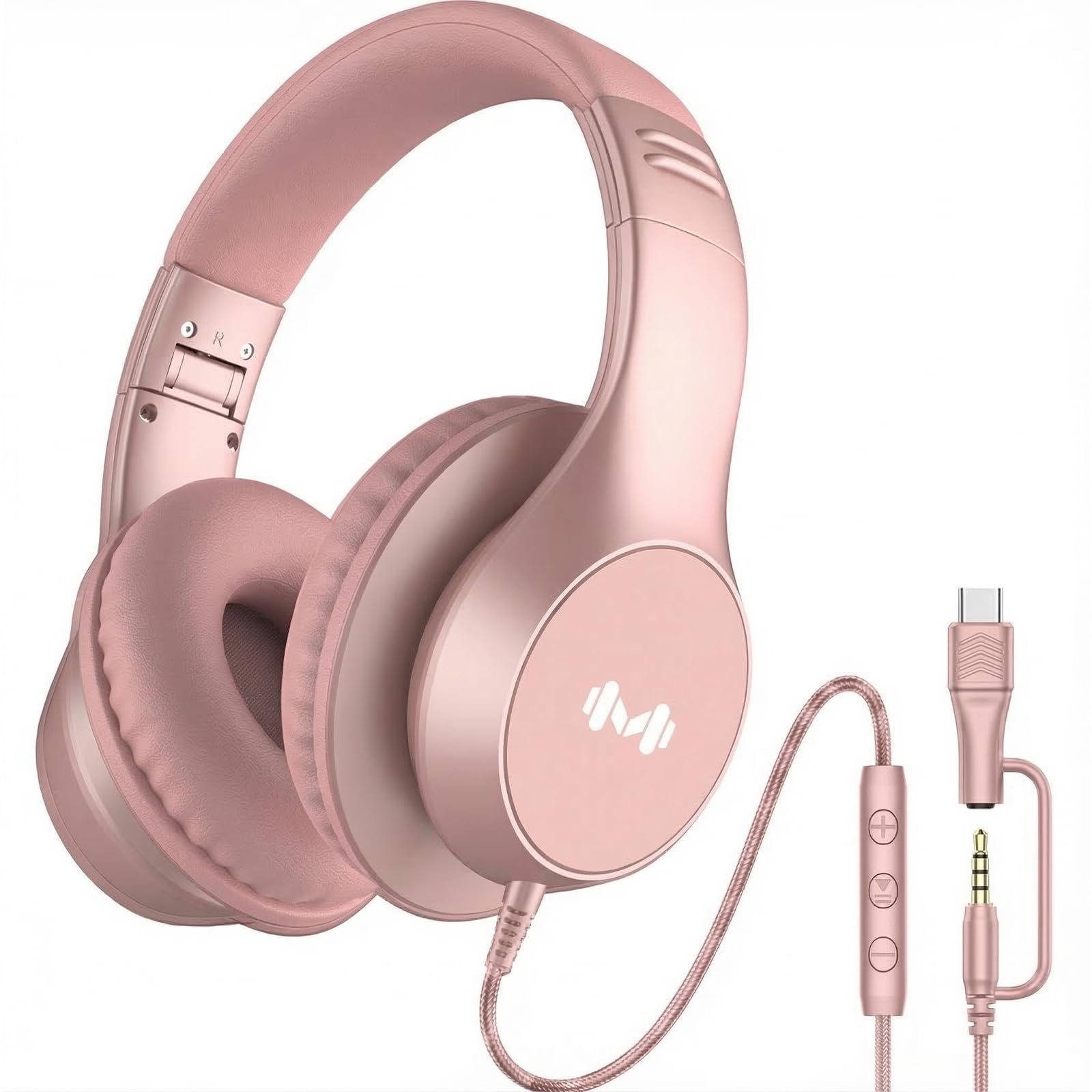 Wired Over Ear Headphones with Mic, USB-C Adapter, Rose Gold