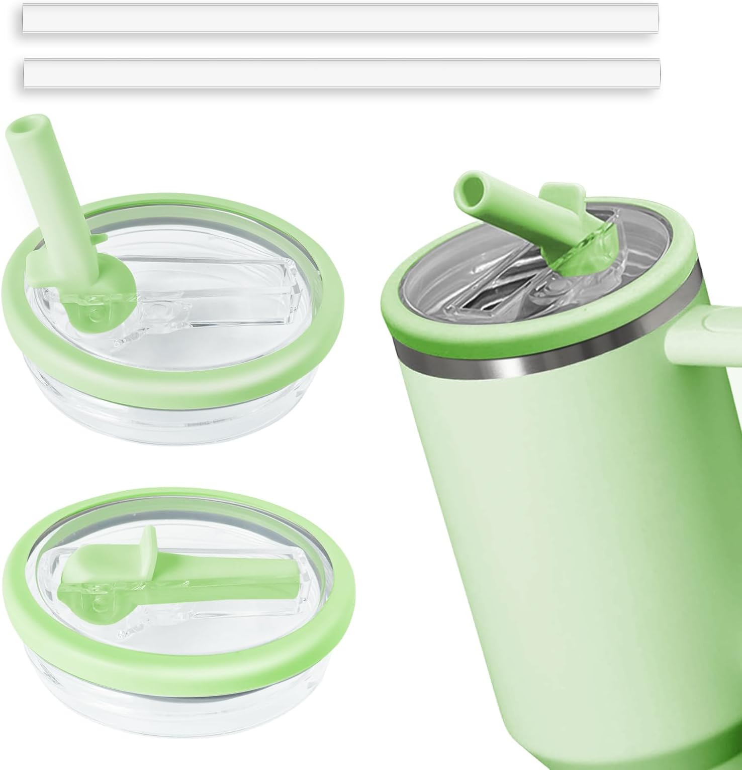 2pcs Leakproof Lid with Straw for Stanley Replacement,No-Spill Cup Lids for Stanley Quencher Accessories,Tumbler Flip Straw Lids (Green, 40oz)